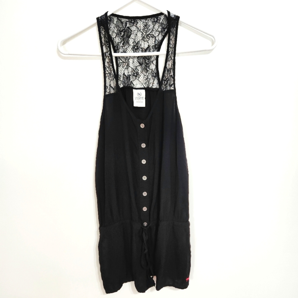 PINK Victoria's Secret | Racerback Button Front Tie Waist Romper Black S…